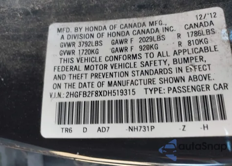 2013 Honda Civic Ex z USA, uszkodzony, nr VIN 2HGFB2F8XDH519315